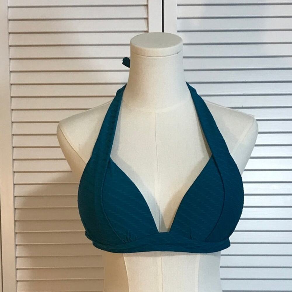 Retro Minimalist Textured Teal Halter Push-up Wireless Bikini Top